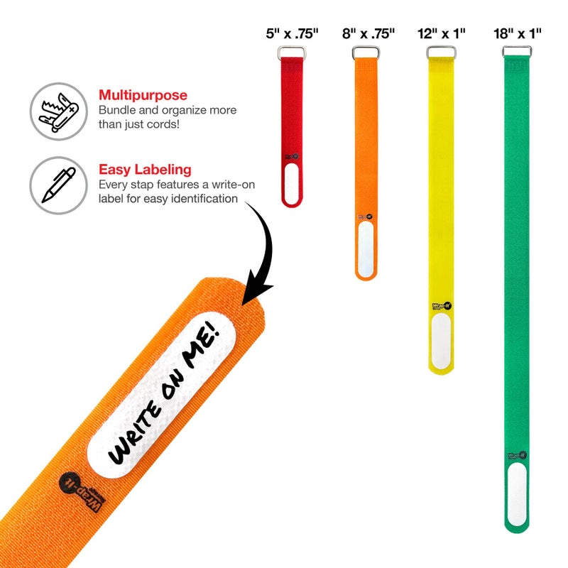 Wrap-It Storage Cinch-Straps (Assorted 16 Pack) Hook and Loop Straps with Metal Buckles and Write on Labels for Easy Cord Identification, Waterproof, Reusable, Multi-Purpose, Adjustable - Image 2